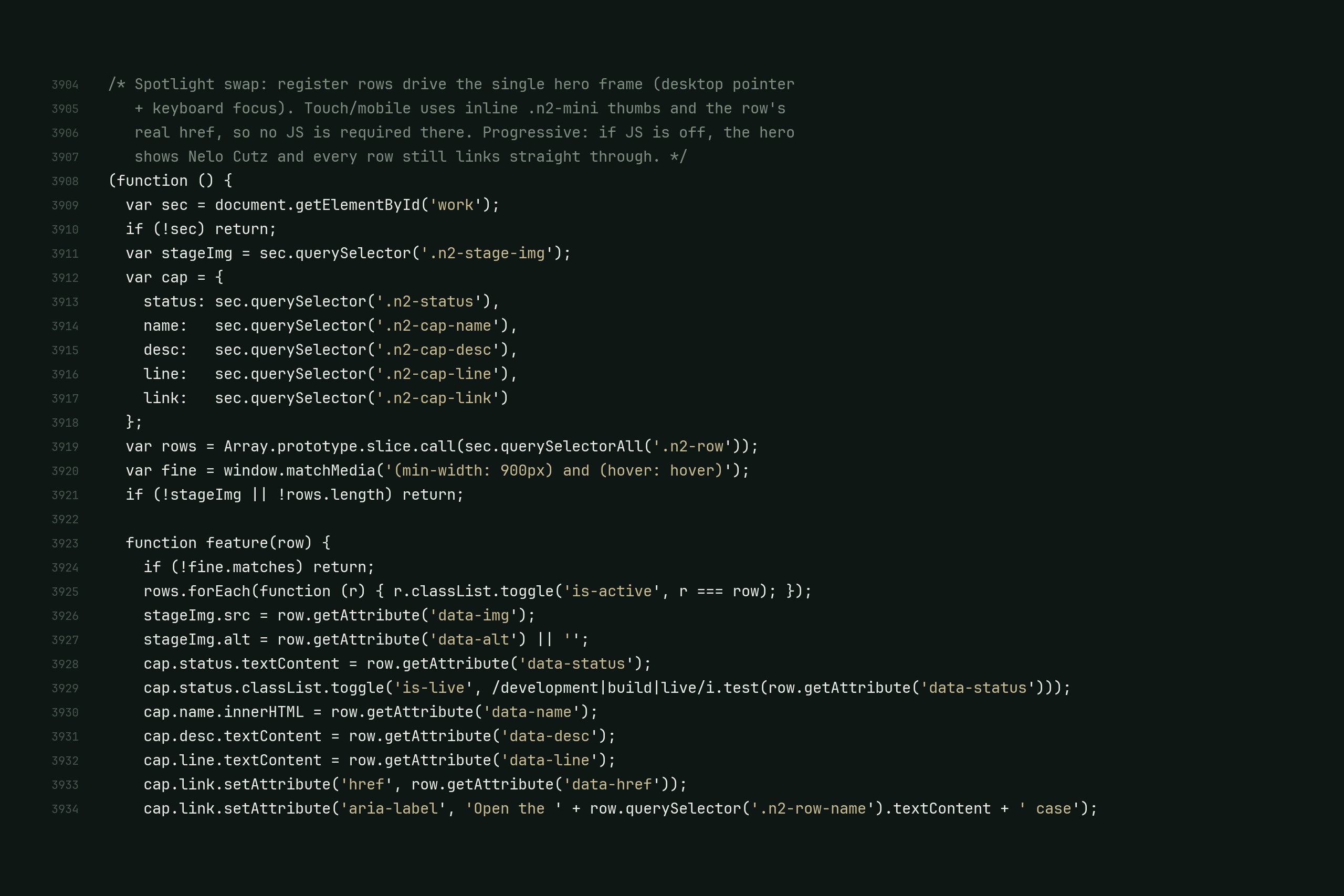 Buildhaus homepage source code, lines 3904 to 3934, typeset in JetBrains Mono on the studio ink